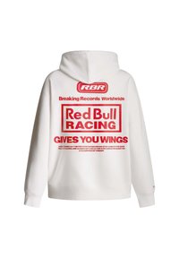 Sudadera blanca con capucha que presenta un gran texto rojo en la parte posterior, incluyendo "Red Bull Racing" y "Te da alas". Ajuste estándar, textura suave.