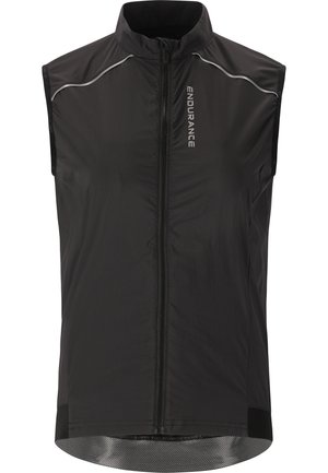 Gilet de cyclisme sans manches noir avec col montant, zip avant, accents réfléchissants et tissu en maille à l'ourlet pour la ventilation.