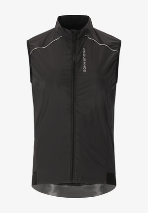 Sort ærmeløs cykelvest med høj krave, frontlynlås, reflekterende detaljer og mesh-stof i kanten for ventilation.