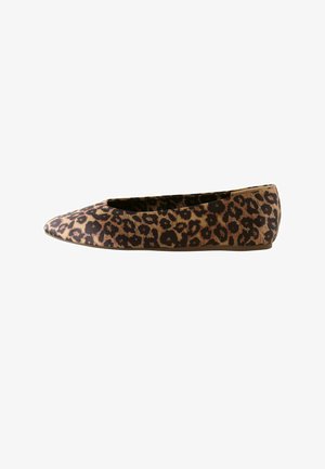 Women's pointed-toe flat shoe with brown and black leopard print pattern, low heel, and slip-on design.