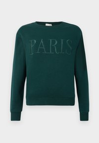 Felpa verde scuro con maniche lunghe e scritta "PARIS" in rilievo con filo abbinato sul petto, polsini e orlo a coste.