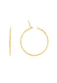 Orecchini a cerchio intrecciati in tonalità oro, caratterizzati da una forma circolare con una superficie liscia e lucida e una sottile texture a spirale.