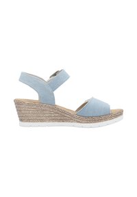Light blue denim wedge sandals with cross straps, textured straw-woven midsole, and a 5 cm height white rubber sole.