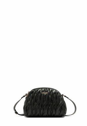 Borsa a tracolla in pelle nera con un design a onde testurizzato, forma arrotondata, logo color oro e una tracolla removibile.