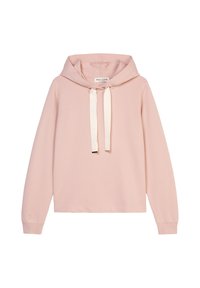 Felpa rosa chiaro realizzata in tessuto morbido, caratterizzata da una vestibilità ampia, maniche lunghe e un cappuccio con coulisse con lacci bianchi a contrasto.