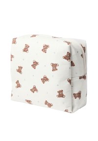 Cosmetikpose i lærred med en cremet baggrund, prydet med et gentaget mønster af brune teddy-bjørne og blå stjerner. Lynlås lukning øverst.