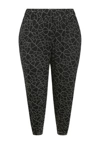 Svarta byxor med en strukturerad, spräckt mönster i silver. Elastiskt midjeband för komfort. Taperad bendesign ger en avslappnad passform.