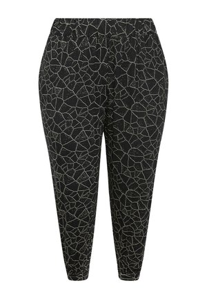 Sorte bukser med en tekstureret, sprækket mønster i sølv. Elastisk taljebånd for komfort. Taperet benform giver en afslappet pasform.