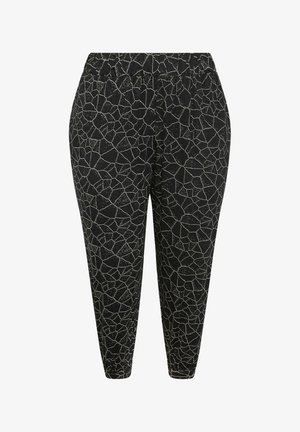 Zwarte broek met een gestructureerd, gebarsten patroon in zilver. Elastische tailleband voor comfort. Tapered leg ontwerp biedt een relaxte pasvorm.