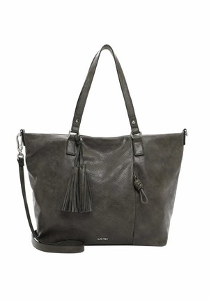 Torba na ramię w ciemnoszarym kolorze z dwoma panelami o różnej teksturze, dwoma górnymi uchwytami, odłączanym paskiem na ramię oraz ozdobnymi frędzlami z przodu.