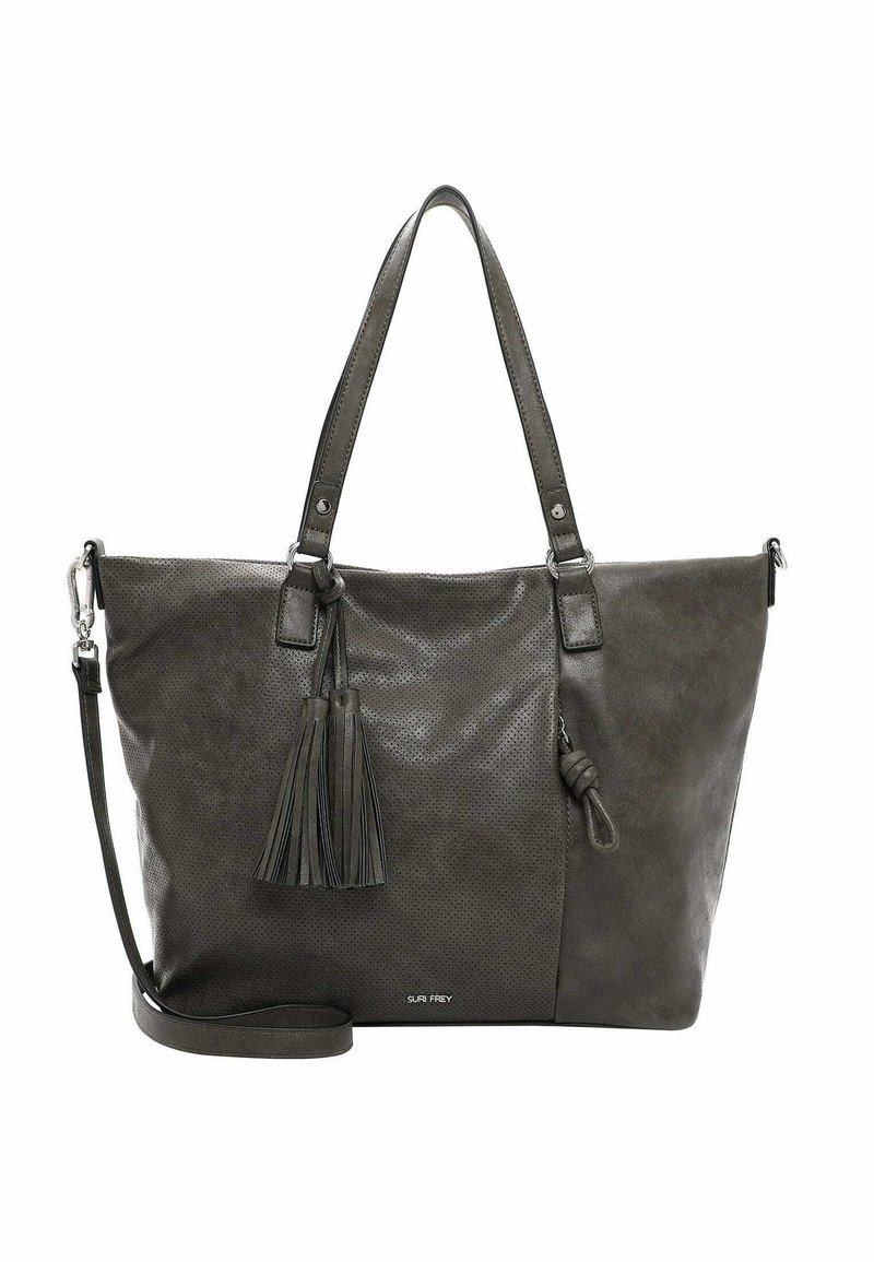 Sac fourre-tout gris foncé avec deux panneaux texturés, deux poignées supérieures, bandoulière amovible et pompons décoratifs à l'avant.