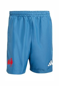 Pantalones cortos deportivos azules hechos de material ligero con una cinturilla elástica, que cuentan con un logo de gallo rojo y franjas blancas de acento.
