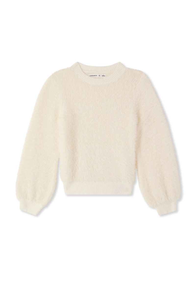 Puszysty kremowy sweter, okrągły dekolt, długie bufiaste rękawy, ściągacze przy mankietach i u dołu, miękka tekstura, lekki materiał, casualowy design.