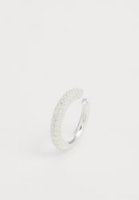 Silver hoop earring with a textured surface covered in small, clear crystals, featuring a smooth, rounded closure design.