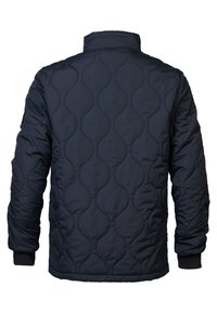 Marineblau gesteppte Jacke mit einem strukturierten Wellenmuster, hohem Kragen, gerippten Bündchen und geradem Saum. Leichtes und isoliertes Design.