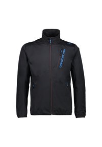 Schwarze Jacke mit einem Reißverschluss vorne, hohem Kragen, blauen Akzenten und einer Brusttasche. Hergestellt aus leichtem, glattem Stoff mit elastischen Bündchen.