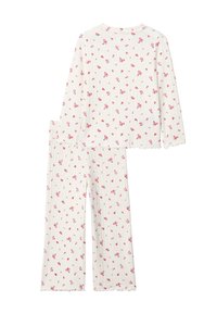 Baumwoll-Pyjama-Set mit langärmligem Oberteil und passender Hose, weiß mit pinkem Blumenmuster, gerippter Textur und gewellten Säumen.