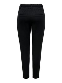 Black tailored trousers with an elastic waistband, smooth texture, two back pockets, and tapered legs. No visible patterns or hardware details.