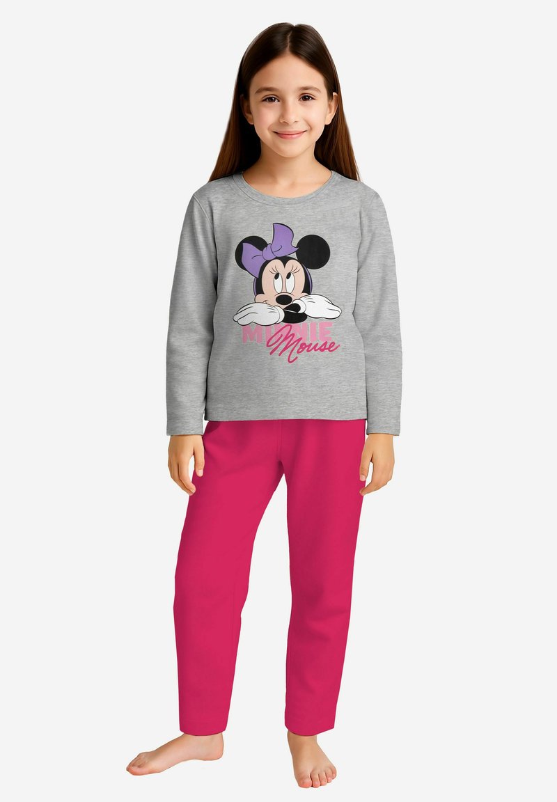 Maglietta grigia a maniche lunghe con grafica di personaggio dei cartoni animati e pantaloni rosa. L'outfit presenta una texture liscia e una vestibilità comoda.