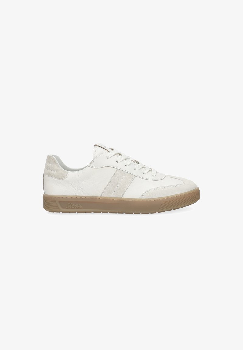 White low-top sneaker with light beige suede accents, lace-up front, and gum rubber sole, shown from the outer side.