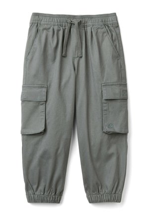 Cargo broek in olijfgroen katoenmix. Bevat een elastische tailleband, een trekkoord, twee zijzakken en twee cargozakken met klepsluitingen.