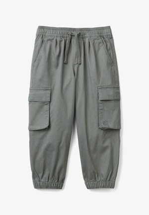 Spodnie cargo w oliwkowym kolorze z mieszanki bawełny. Posiadają elastyczny pasek w talii, sznurek do regulacji, dwie boczne kieszenie oraz dwie kieszenie cargo z klapkami.