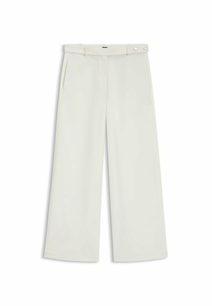 Weite Hose aus zartem Creme-Stoff, mit seitlichen Taschen, flatem Bund und einer Knopfverschluss an der Taille. Glatte Textur.