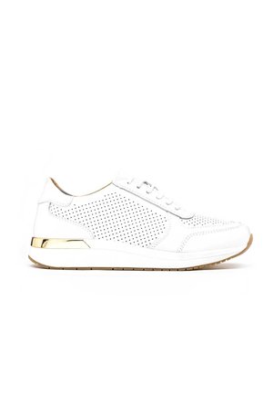 White perforated sneaker with a textured upper, lace closure, and a gold accent on the heel. Features a cushioned white sole.