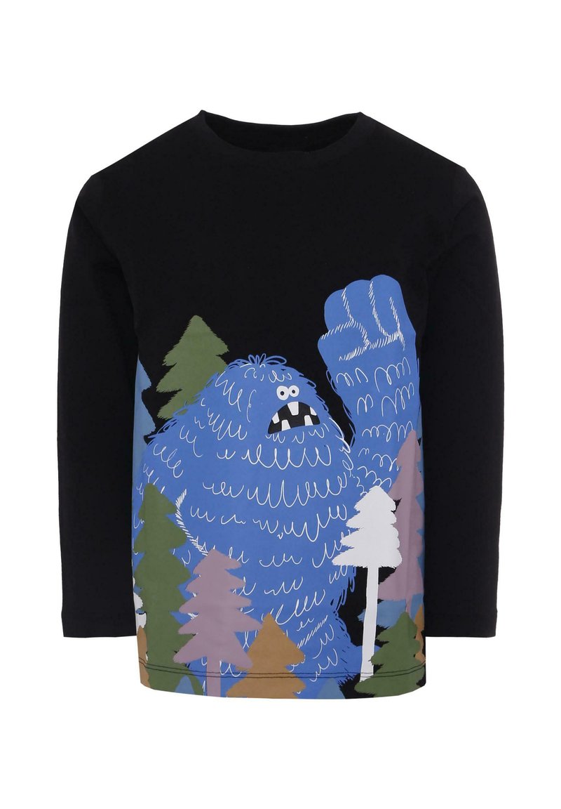 Maglietta nera a maniche lunghe con un design colorato che raffigura una creatura blu e alberi stilizzati nelle tonalità di verde, rosa e bianco.