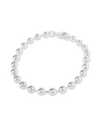Bracciale in argento con perline a sfera lucida collegate da segmenti metallici. Chiusura sicura.