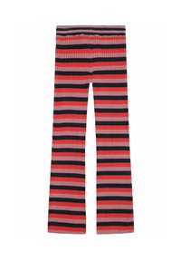 Gestreifte, weit ausgestellte Hosen in Rot, Pink und Dunkelblau mit einem gerippte Struktur und einem breiten, elastischen Bund.