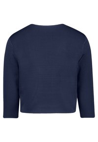 Maglia corta blu navy a maniche lunghe con scollo rotondo e trama a maglia liscia, vista da dietro.
