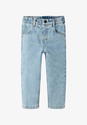 Jean bleu clair pour tout-petit avec taille élastique, bouton à l'avant, passants de ceinture et deux poches avant sur fond blanc.
