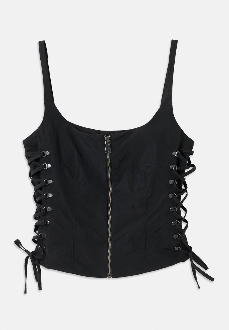 Zwart mouwloos topje met een voor gezipte rits en lace-up zijkanten die zijn vastgebonden met strikjes, met dunne schouderbandjes en een getailleerde pasvorm.
