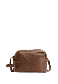 Borsa a tracolla in pelle marrone con forma rettangolare, superficie texture, chiusura con zip e tracolla regolabile. Logo impresso sul davanti.