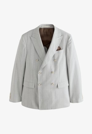 Sacou dublu cu nasturi, gri deschis, cu dungi verticale subtiri, rever ascuțit și căptușeală maro cu model. Dispune de două buzunare frontale și detalii cu nasturi.