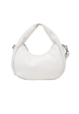 Pequeño bolso de cuero blanco con un acabado texturizado, forma redondeada y un asa suave. Cuenta con un cierre de cremallera y detalles en hardware plateado.