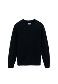 Suéter de punto azul marino con cuello redondo, mangas largas y tela texturizada. Presenta puños y dobladillo acanalados.