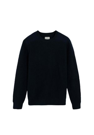 Suéter de punto azul marino con cuello redondo, mangas largas y tela texturizada. Presenta puños y dobladillo acanalados.