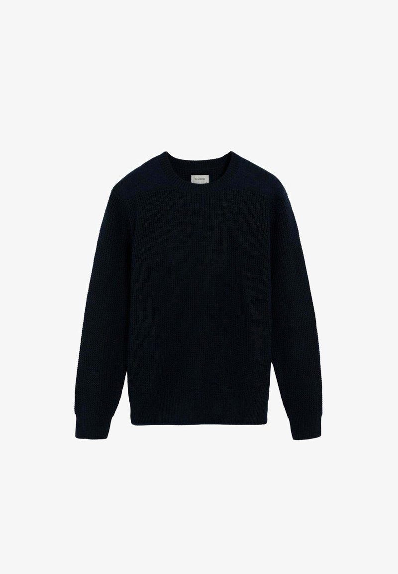 Laivastonsininen neulepusero, jossa on pyöreä kaula-aukko, pitkät hihat ja teksturoitu kangas. Varustettu ribbireunuksilla hihoissa ja helmassa.