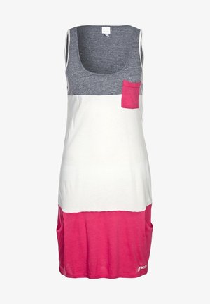 Vestido casual sin mangas con parte superior gris, mitad blanca, parte inferior rosa, bolsillo rosa en el pecho y bolsillos laterales en el dobladillo.