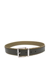 Ceinture réversible avec du cuir vert foncé d'un côté et un tissu brun à motifs de l'autre, équipée d'une boucle rectangulaire en argent.