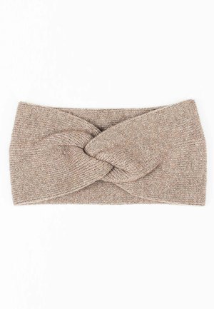 Fascia in maglia beige con design frontale intrecciato. Tessuto morbido, banda larga e senza hardware o motivi visibili. Ideale per il clima freddo.