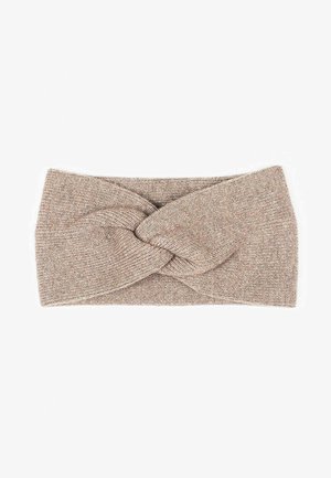 Knit headband in beige with a twisted front design. Soft texture, wide band, and no visible hardware or patterns. Ideal for cold weather.