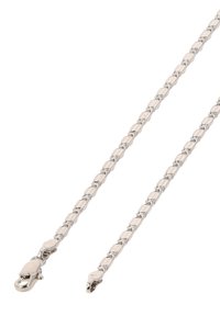 Stříbrný kovový řetěz s obdélníkovými články, vybavený pružinovým zacvakáváním. Hladký povrch, jednotný tvar a lesklý finiš po celém obvodu.