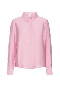 Helles rosa Langarm-Hemd mit Knöpfen. Verfügt über einen kragenförmigen Ausschnitt, Vorderknöpfe und einen glatten, strukturierten Stoff. Klassisches Design.