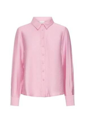 Lyserød langærmet skjorte med knaplukning. Har en krave, frontknapper og et glat, struktureret stof. Klassisk design.