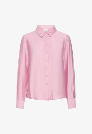 Lyserød langærmet skjorte med knaplukning. Har en krave, frontknapper og et glat, struktureret stof. Klassisk design.