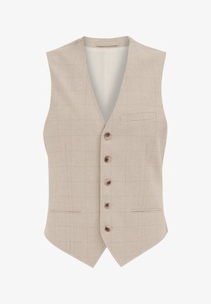 Bežinė liemenė be rankovių su subtiliu tinkleliu. Savybė - V formos iškirptė, septynios sagos ir dvi priekinės kišenės. Tekstūruotas audinys.