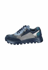 Footwear featuring a combination of dark blue and grey materials, mesh and suede texture, zipper detail, and chunky rubber sole.